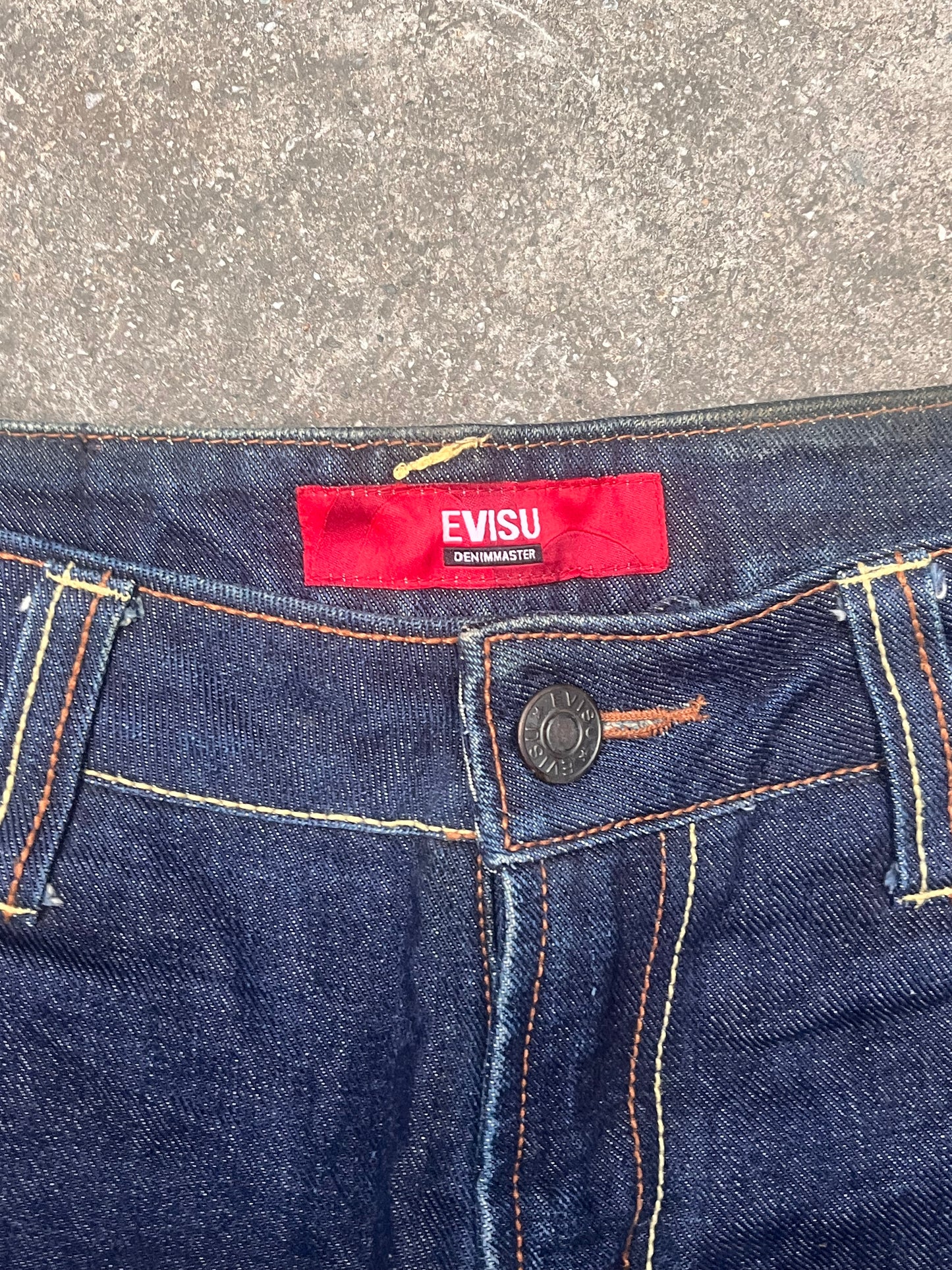 evisu dark blu black and white logo