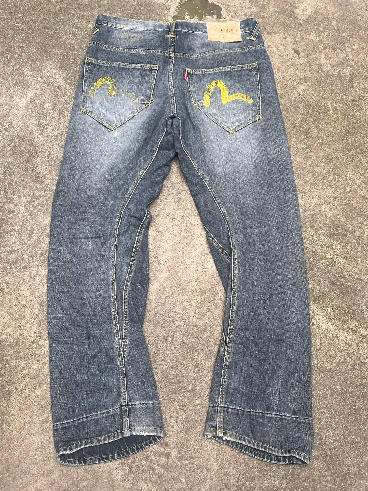 Evisu Gray wash yellow logo baggy jeans