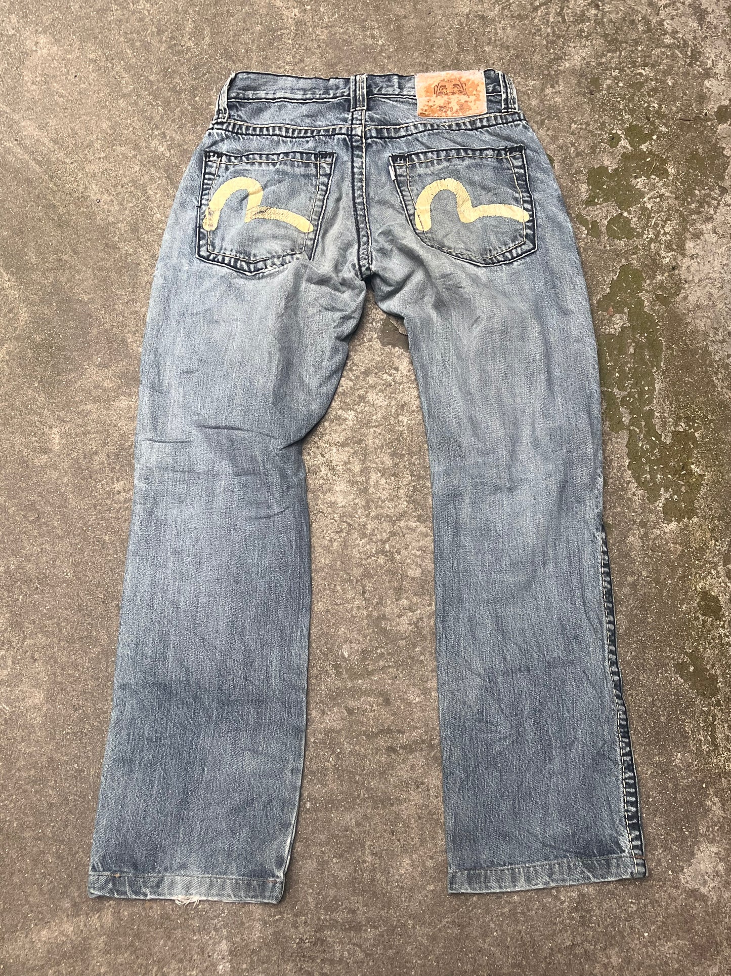 Evisu Grey wash beige logo baggy jeans