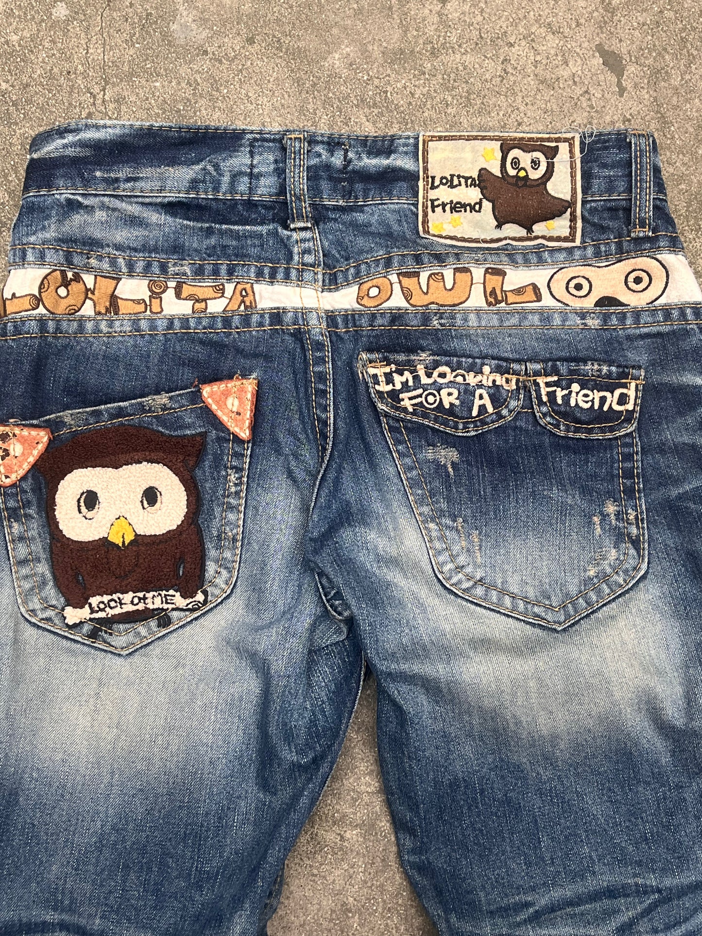 Super Rare lolita owl embroidery baggy jeans