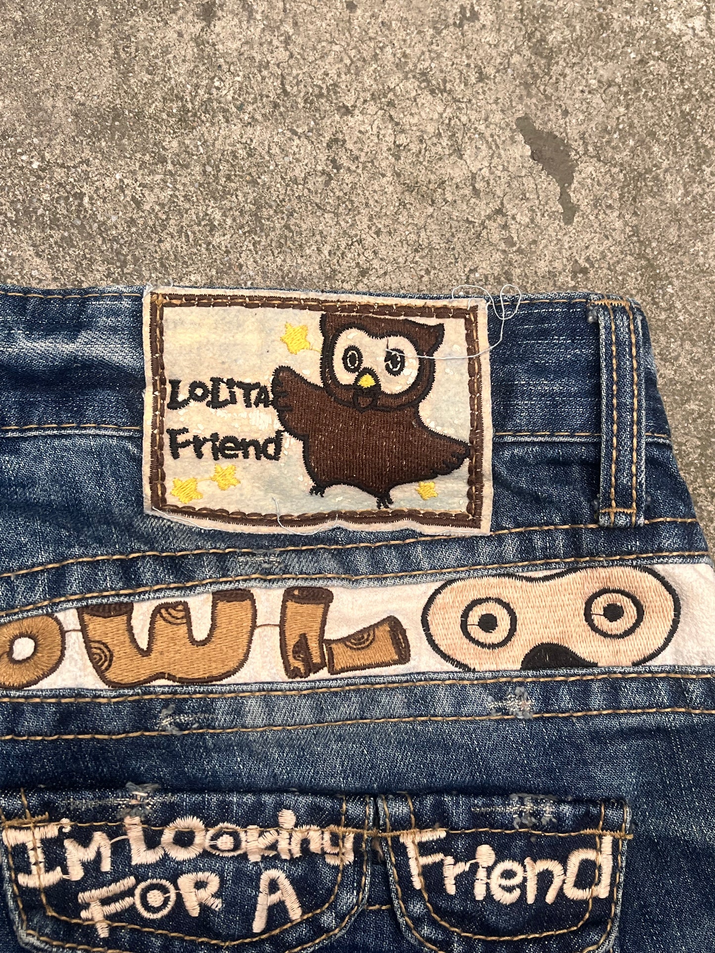 Super Rare lolita owl embroidery baggy jeans